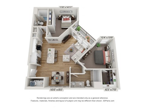 Floor plan for 2 beds, 2 baths, 1031 sqft